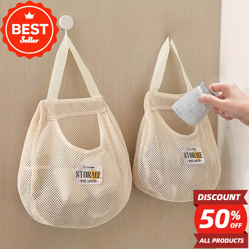 

1set Wall-mounted Hanging Mesh Storage Bags With Hooks - Multifunctional Fabric Organizer Pouch For Underwear, Socks, Bathroom & Wardrobe Space Saving