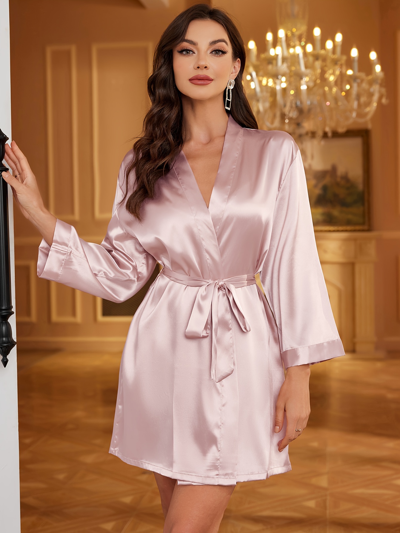 Valentine'S Day Luxurious Women'S Satin Robe Soft, Lightweight, 100%  Polyester, V-Neck, Belted, Breathable, Comfortable, Sexy Sleepwear for