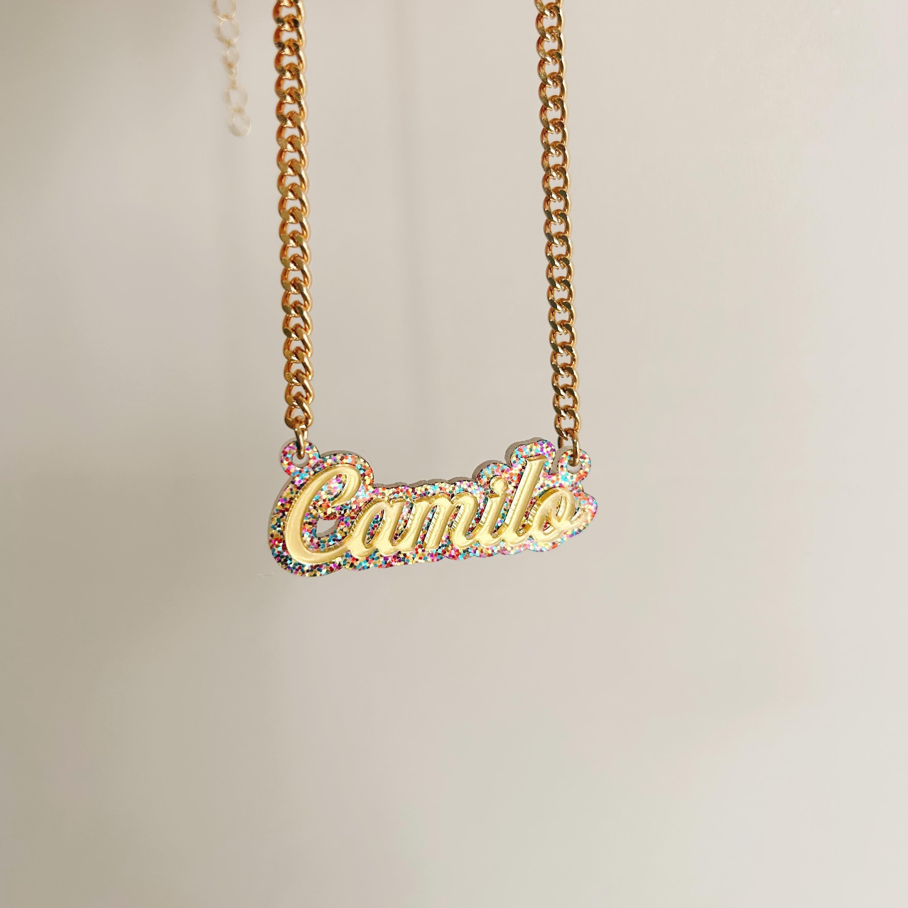 TEMU Custom Bling Acrylic Name Necklace For Women - Heart-shaped Pendant With Sparkling Embellishments, Options, Elegant Cursive Font, Durable Chain