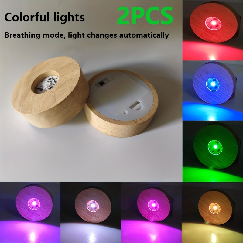 TEMU 2pcs Solid Wood Led Light Bases (8cm/3.15in Round, Aaa Battery-operated) Suitable For Crystal, Glass, Resin, Diy Decor, And Indoor Festive Party