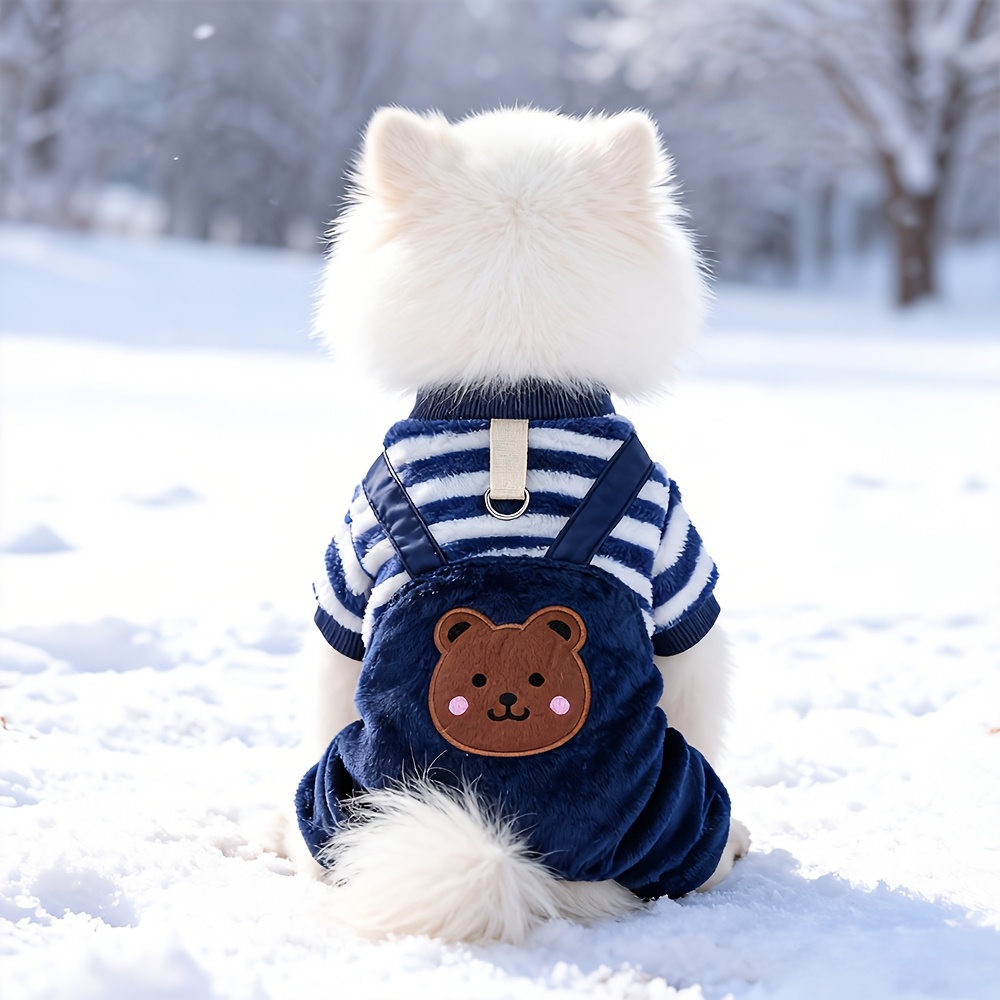 E-shop Hund Winter Fleece Overalls Niedliche Bär Stickerei Gestreift Warme und Kältebeständige Outdoor Traction Geeignet für Kleine Hunde und Katzen