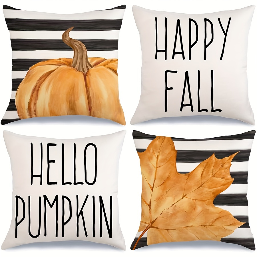 

4pcs, Linen Fall Decor Pillow Covers, Stripes Pumpkin Maple Leaf Happy Fall Outdoor Fall Pillows Decorative Throw Pillows Farmhouse Thanksgiving Cushion Case For Couch Sofa