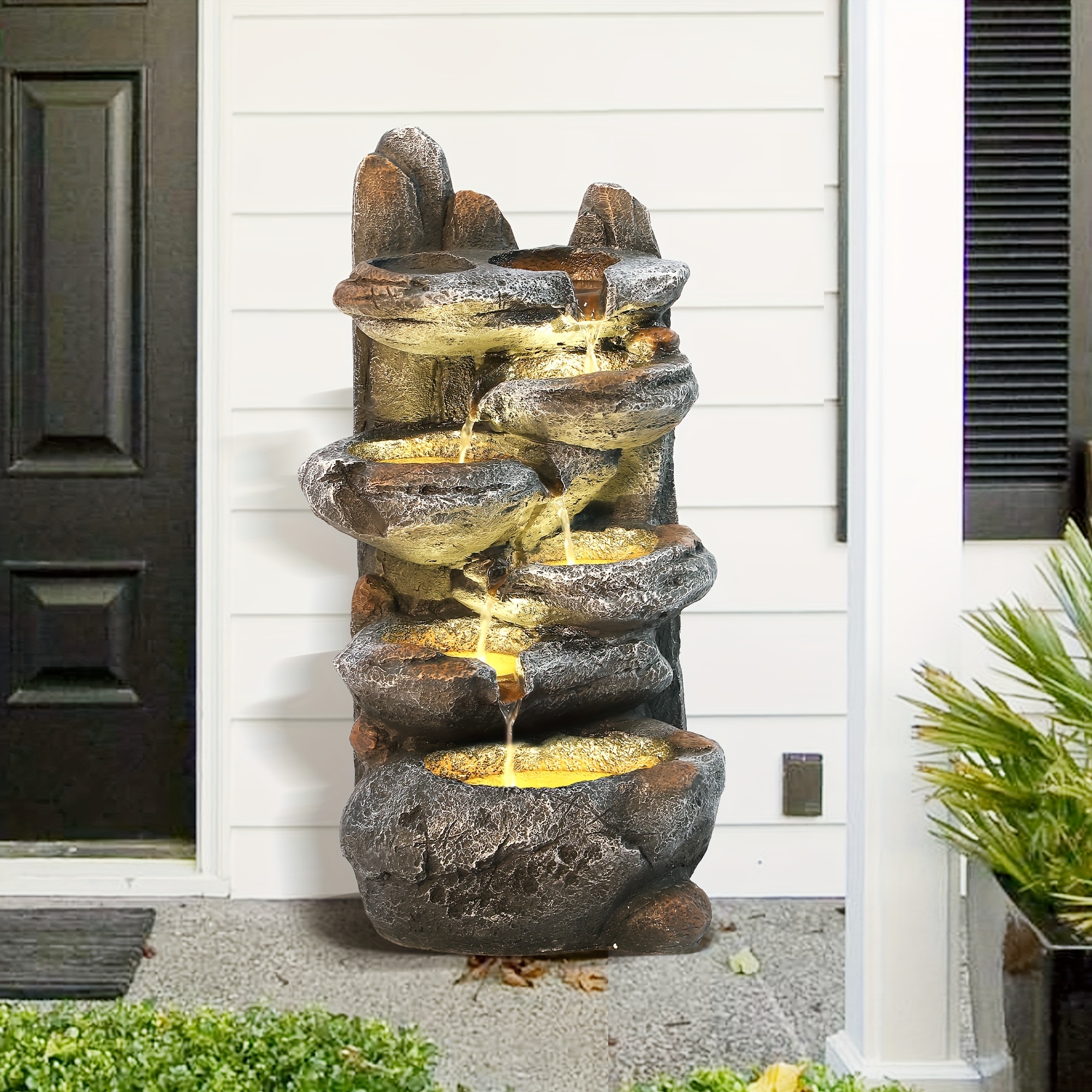 [Soothing Rockery Fountain] 6-Tier Cascading Rockery Outdoor Fountain | Garden Floor-Standing Stone Waterfall with Pump, Rocky Peak Decor - Soothing Tranquility Water Fountain for Home Garden Yard, 26