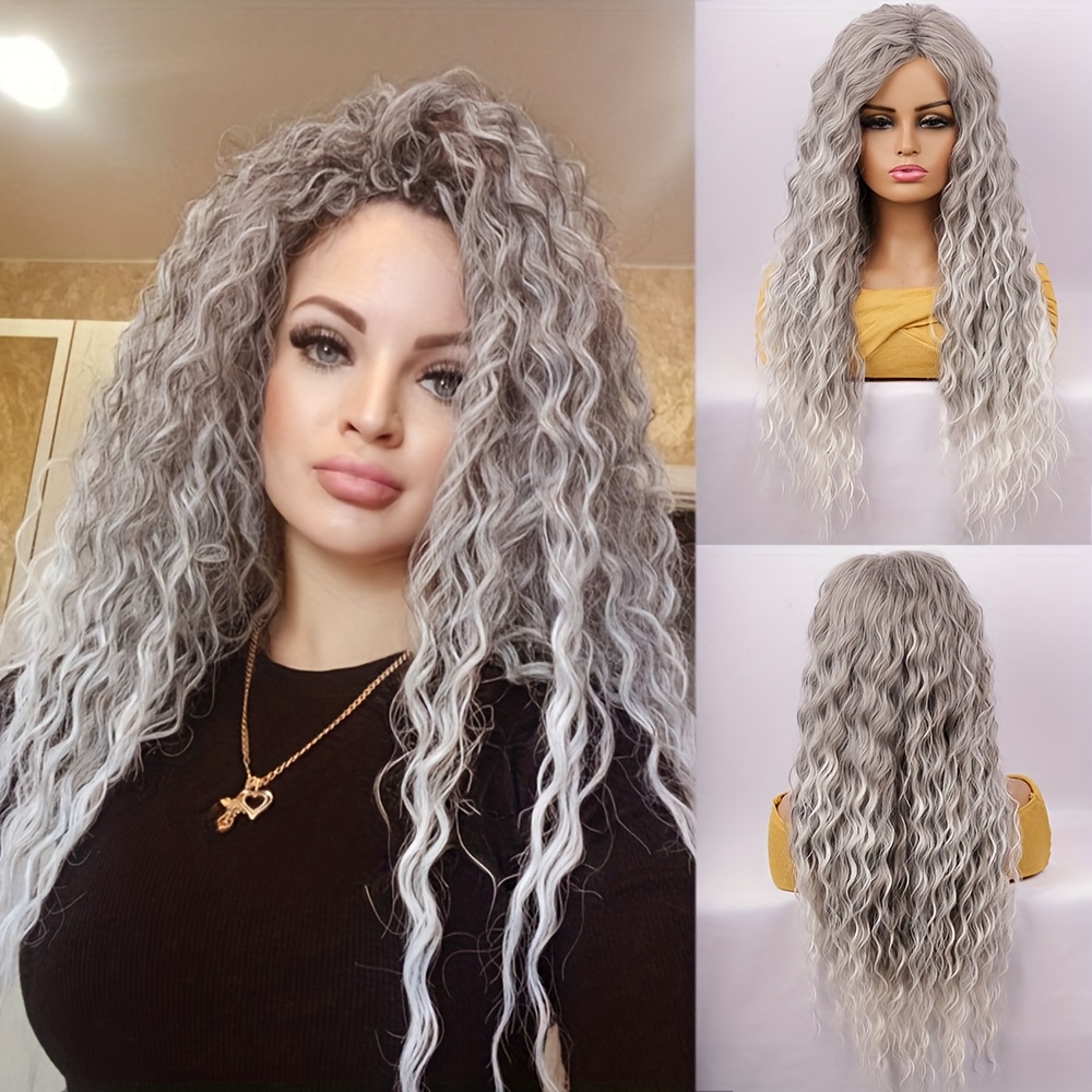 Image of 28 Inch Long Water Wave Synthetic Wig, Fashionable Gray Gradient Long Curly Wave Wig For Women, Elegant Natural , High Temperature Fiber, For Daily Use Cosplay, Cap, Middle Part