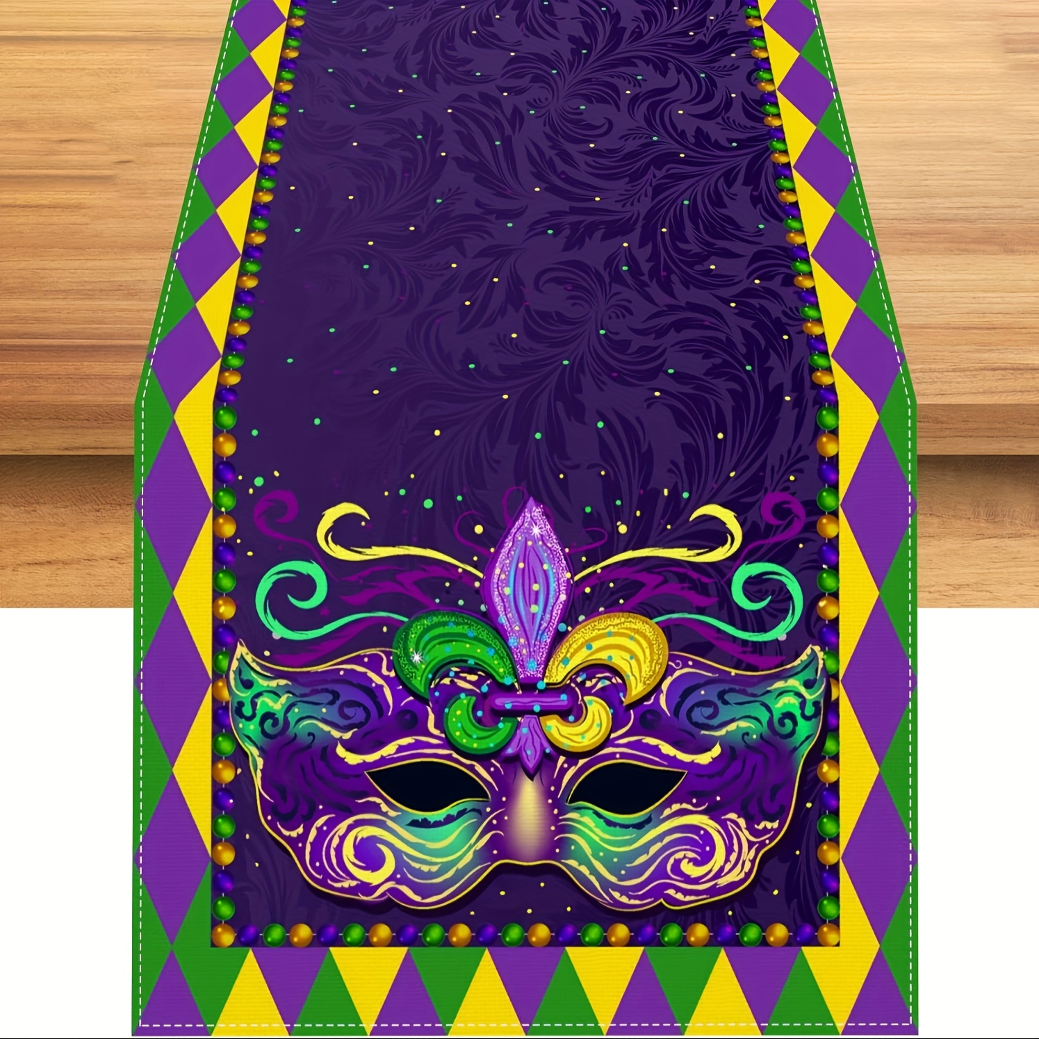 

Mardi Gras Celebration Table Runner - Vibrant Polyester, Masquerade & Carnival Parties, New Orleans Brazilian Theme Decor, Carnival Decorations, Home Kitchen Table Items, Rectangle Shape