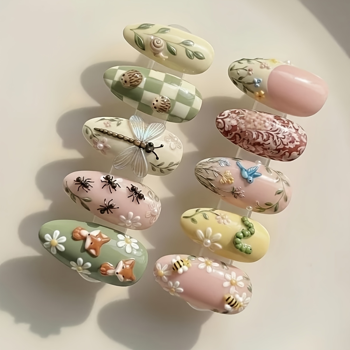 TEMU 10pcs Medium-long Almond Shaped Wearable Nails, Dragonfly, Ant, Bee, Floral Pattern False Nails, Suitable For Women' Use, Parties, And Holidays