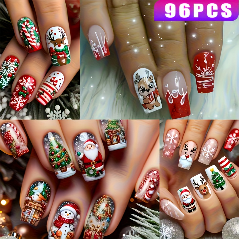 TEMU Set Of 96 Press-on Nails With A Christmas Theme, Showcasing Designs Of Reindeer, Snowflakes, Santa Claus, And Snowmen. Nails Easily And