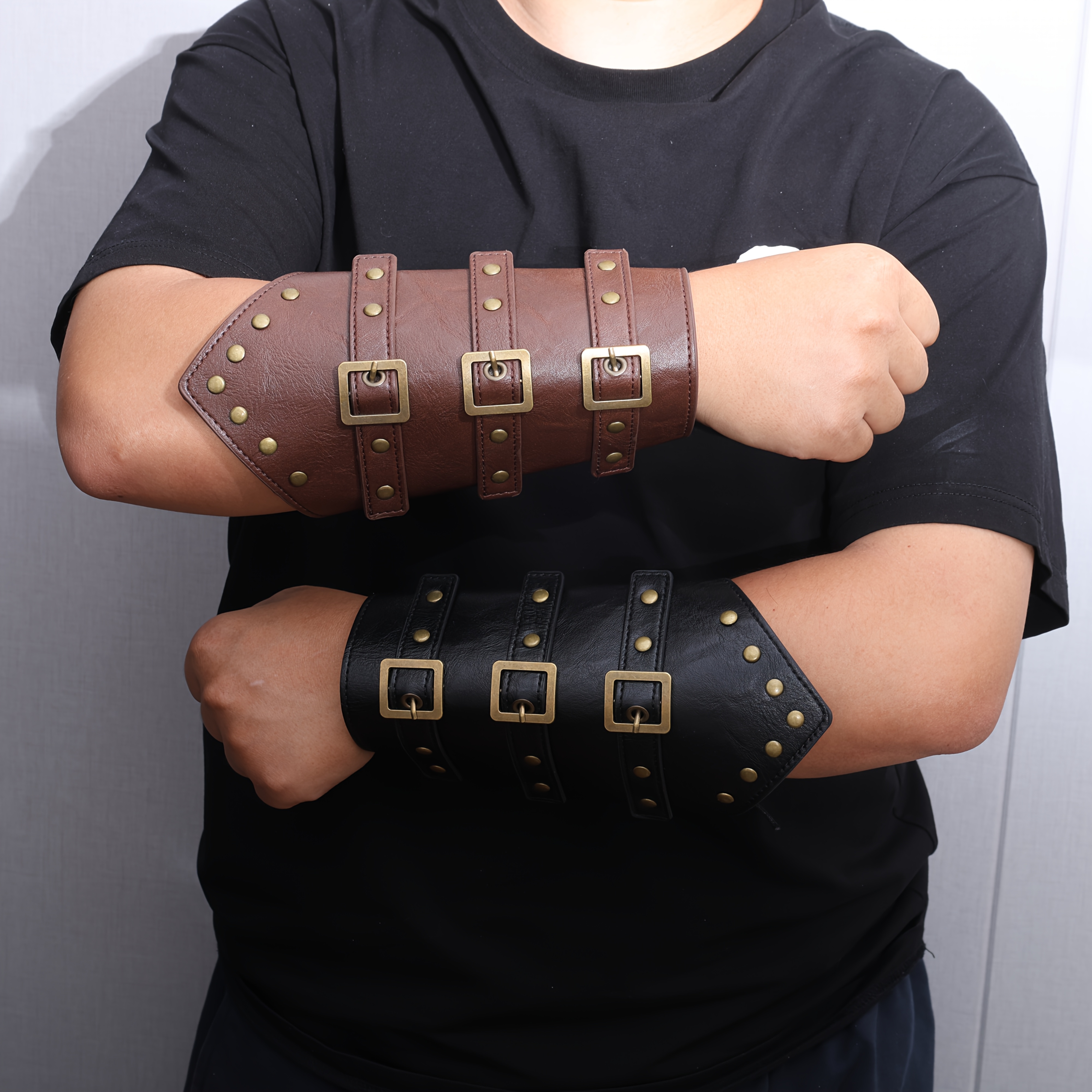2-Pack Funky Style Medieval Leather Bracers Guards, Costume Cuff  Wristband Armband for Men