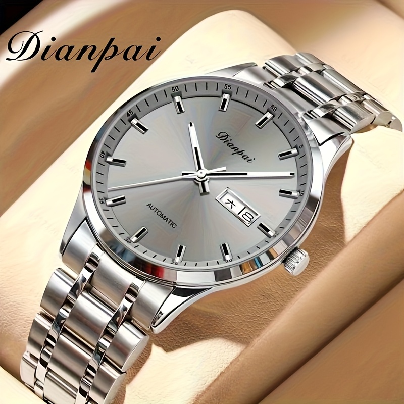 Image of Dianpai Men's Luxury Fully Automatic Mechanical Watch | Stainless Steel Strap, Fashionable Night Light , Calendar Feature, Round Shape, Without Battery