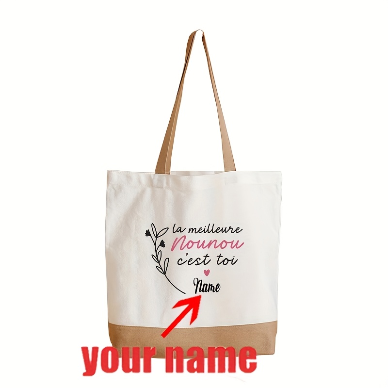 TEMU Cadeau pour elle/lui 1pc Sac de courses personnalisé Meilleur Nounou Motif Sac fourre-tout Sac à main mode avec poignées renforcées Sac