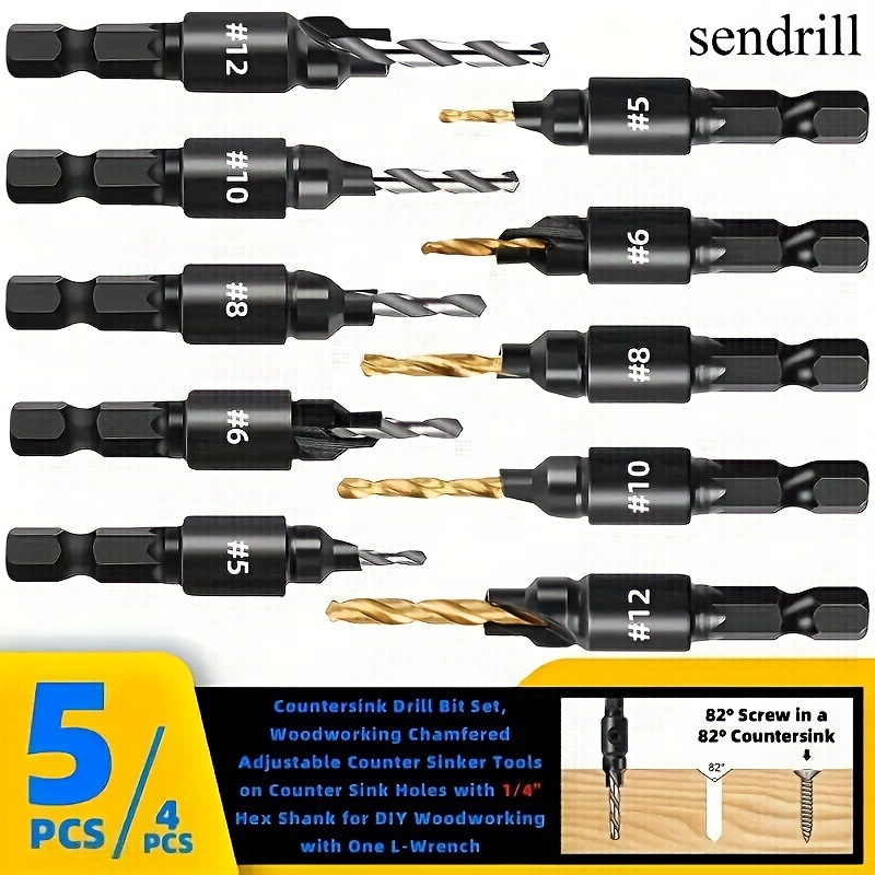 

5-piece Woodworking Countersink Drill Bit Set With Adjustable Depth - Includes L-wrench, 1/4" Hex Shank, Durable High-speed Steel, Sizes #5 To #12 Countersink Drill Bit Set For Wood