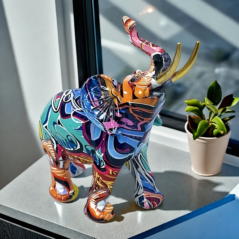 8インチ 樹脂製 カラフルなゾウ像 カラフルアートゾウ彫刻 カラフルな