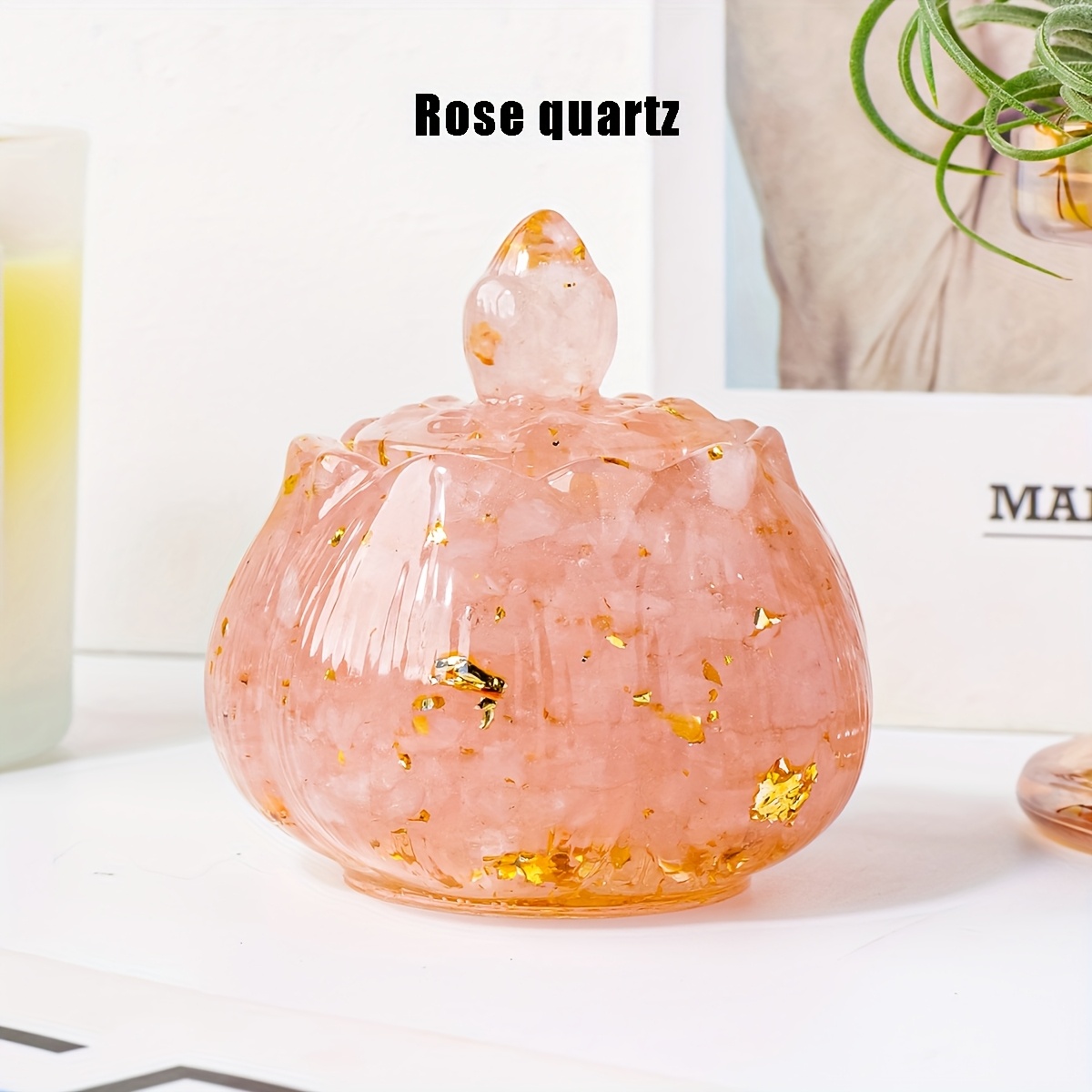 TEMU 1pc Natural Handmade Lotus Flower Bud Shaped Box Crushed Stone Resin, Lotus-shaped Box With Lid, Jewelry Display, Storage Container Ornaments,