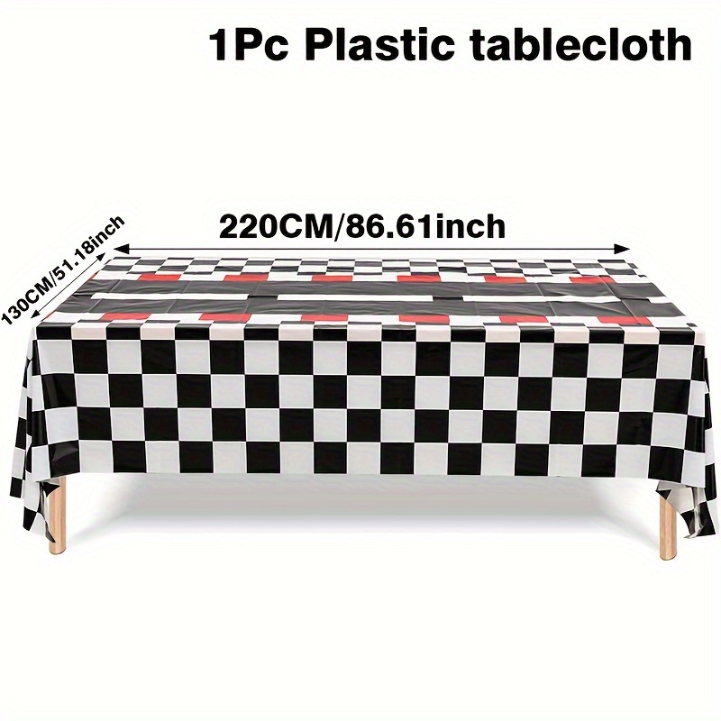 Image of 1pc, Racing Car Table Cover, 130x220cm Plastic Table Cloth, Black And White Checkered Race , Race Car Themed Birthday Party Supplies, Home Table Decoration, Event Table Cover