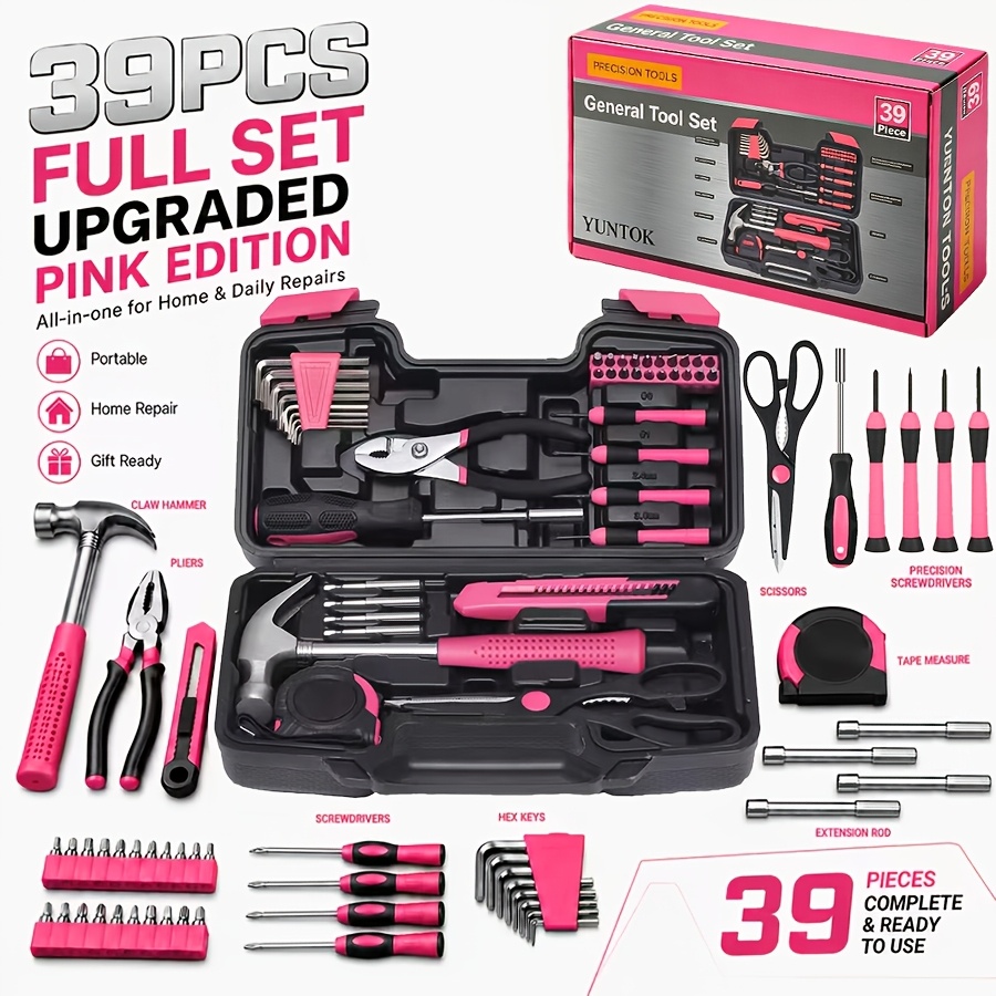 TEMU Yuntok 39pcs Pink Tool Kit, Including Screwdriver, Utility Knife, Scissors, Tape Measure, Hammer, Internal Hex Wrench, And Pliers, Suitable For