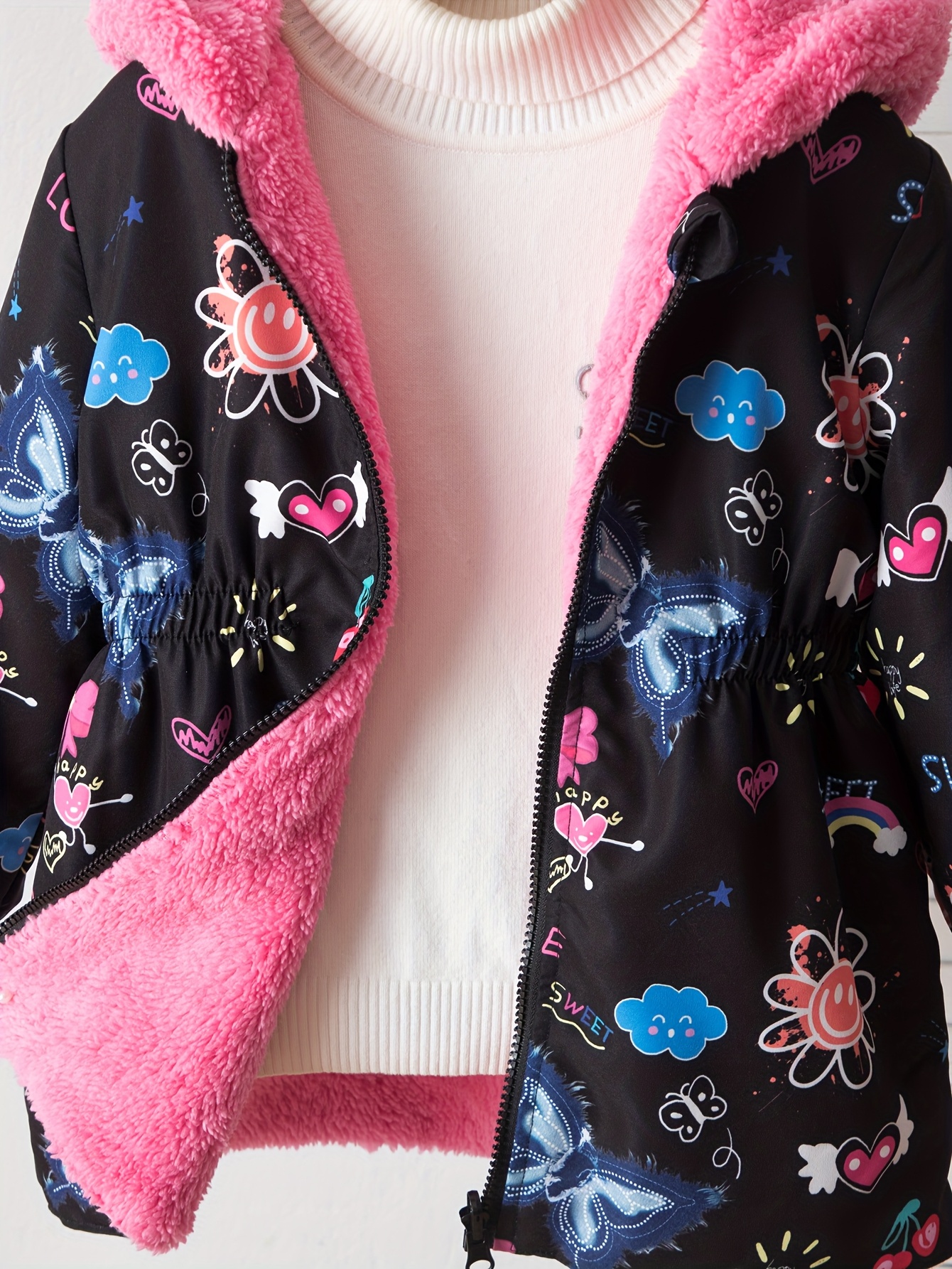 Girls' Windproof Casual Coat with Printed Hat Collar, Warm Outerwear