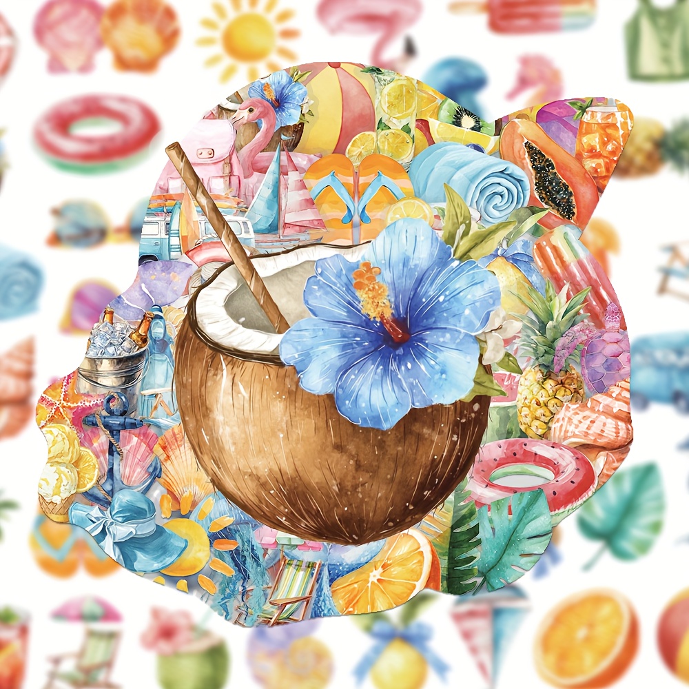Image of 50 Sheets Vibrant Summer Pet Sticker High Aesthetic Fruits Sailboat Swimming Ring Art Personalized Decoration Scrapbooking Water Cup Phone Case Guitar Stickers