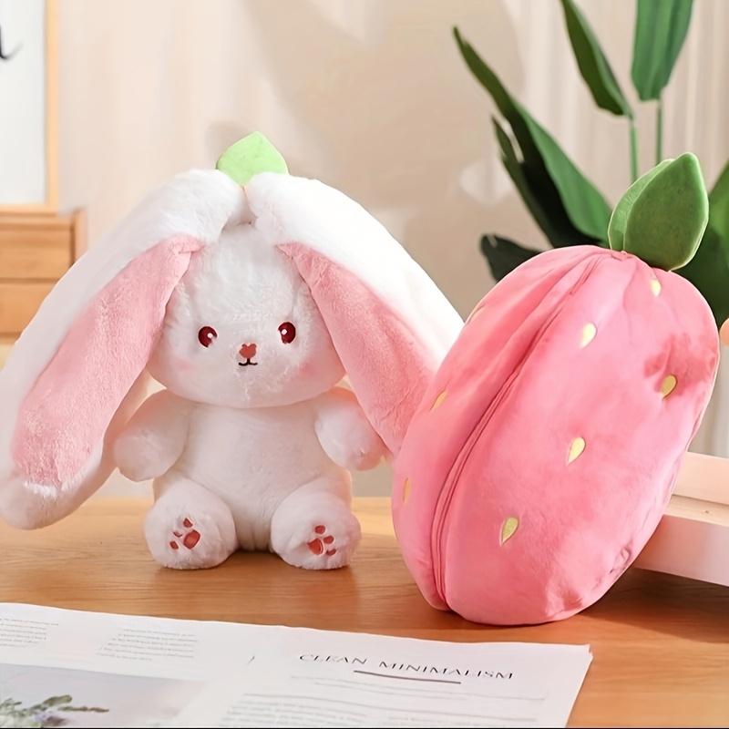 TEMU Strawberry Rabbit Stuffed Toy Cute Bunny Stuffed Doll 2in 1 Strawberry Sleeping Pillow Plush Toys
