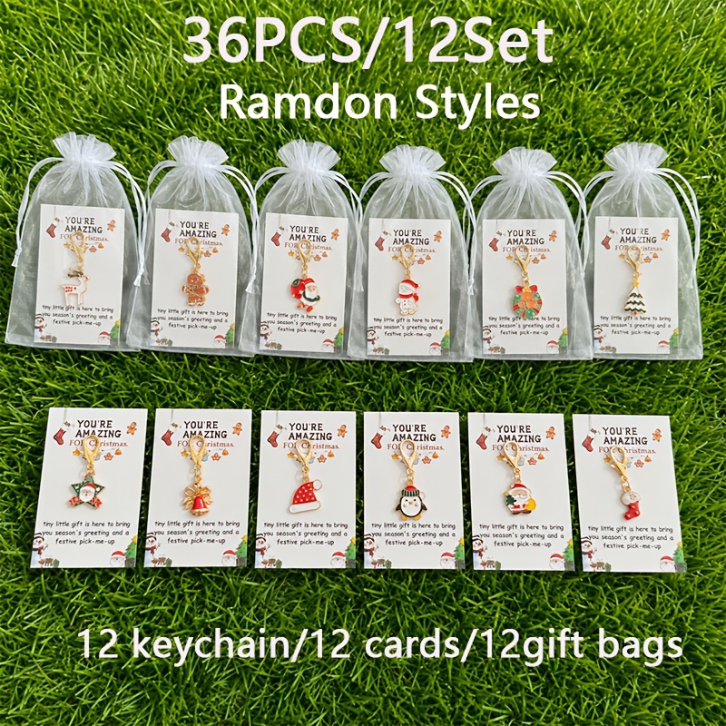 Image of 36pcs (random 12pcs Keychains And 12pcs Cards And 12pcs Mesh Bags) Christmas Theme Keychains, Christmas Santa Claus, Snowman, Christmas Tree, Santa Hat, Christmas Wreath Gingerbread Man, Bell