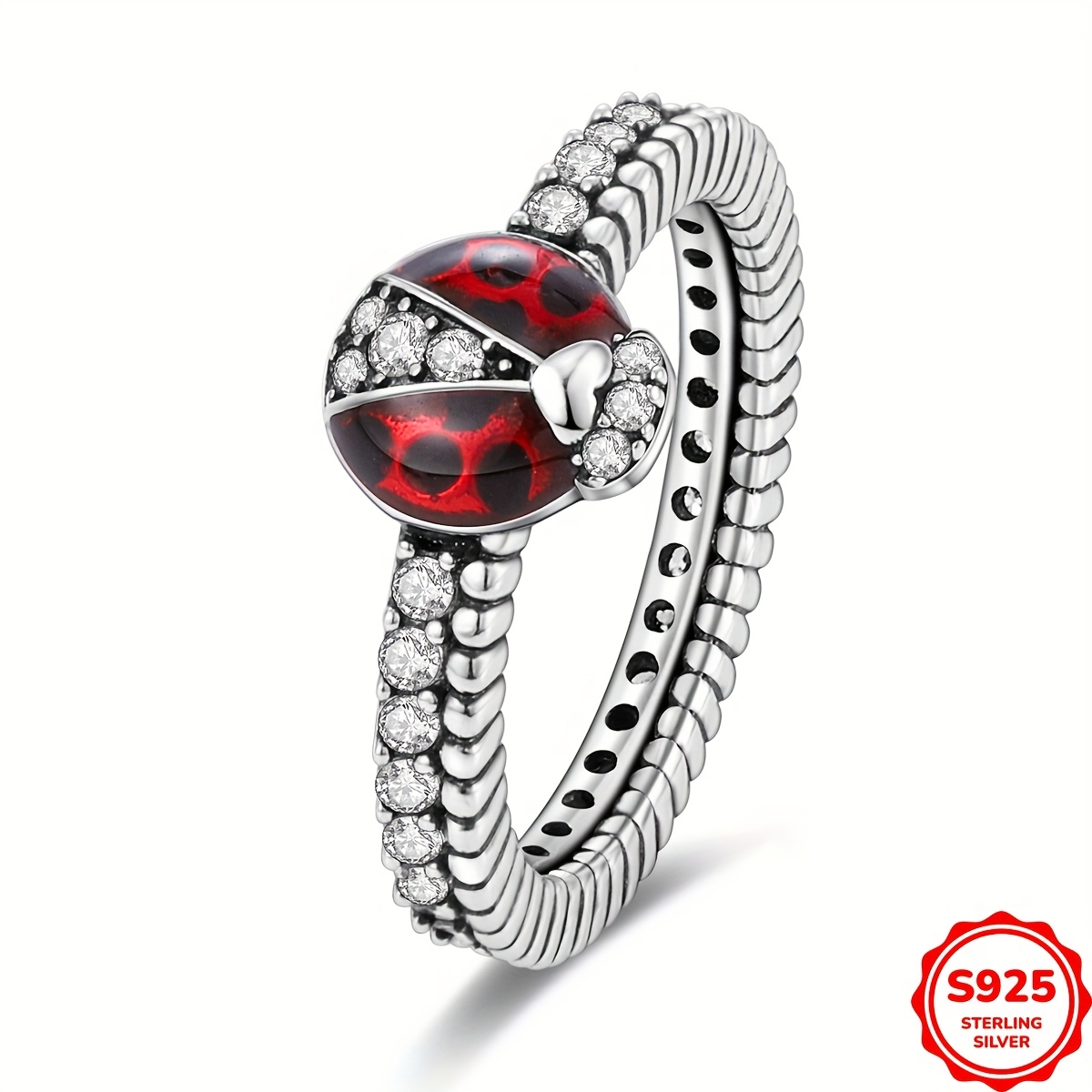 925 Sterling Silver Ladybug Track Ring, Unique Style