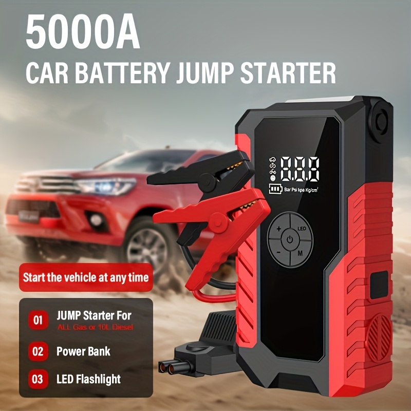5000a portable wireless car jump starter with air compressor 20000mah lithium polymer battery fast charging usb c power bank 12a output led flashlight for 12v cars trucks suvs motorcycles emergency light inflator pump in one compatible with 8 0  1 72 diesel engines   off grid use compact portable design Product details 0