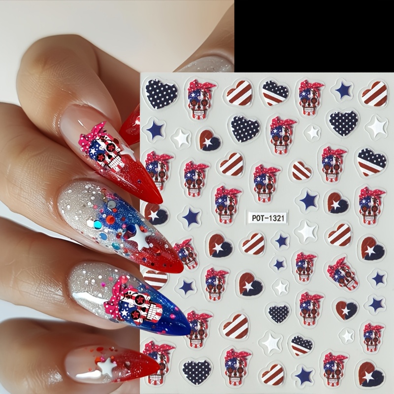 

2pcs Patriotic American Flag Heart & Nail Art Stickers - Self-adhesive, Sparkle For Women's