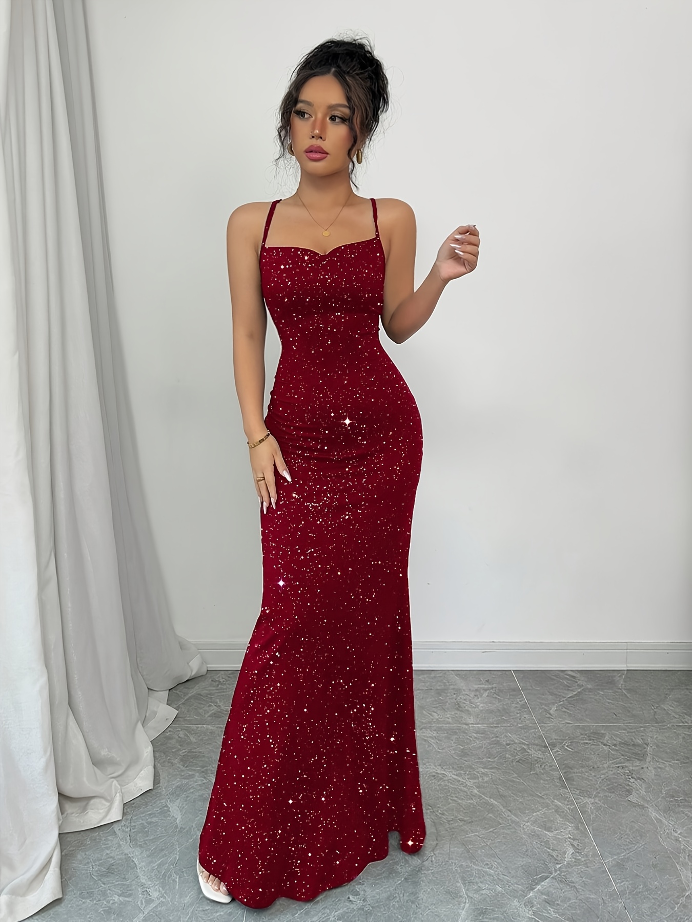 red bling dress Red Maxi Evening Gala Dress, Sequin Sparkly Holiday Dress, Beaded V Neck Prom Dress, Strapless Slit Rhinestone Dress