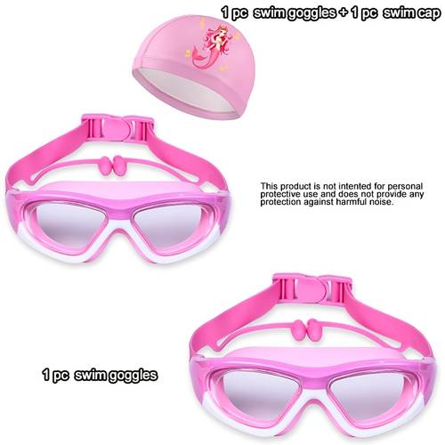 1 pair of swimming goggles 1 pair of swimming goggles 1 swimming cap cartoon transparent large frame swimming glasses cartoon swimming cap suitable for summer swimming pool beach surfing swimming additions
