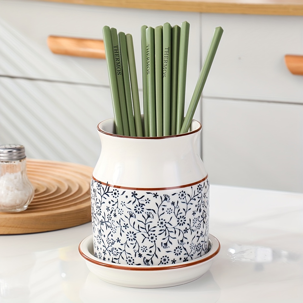 2pcs set ceramic large capacity kitchen utensil storage rack with ceramic base cherry   pattern kitchenware holder   desktop countertop storage and decoration Product details 2