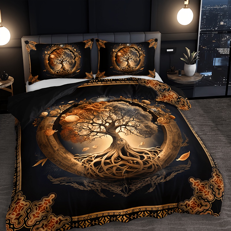 TEMU Parure de Housse de Couette 3 Pièces : 1 Housse de Couette et 2 Taies d'Oreiller Rembourrage Intérieur, Arbre de Vie Univers Mystérieux, Ultra