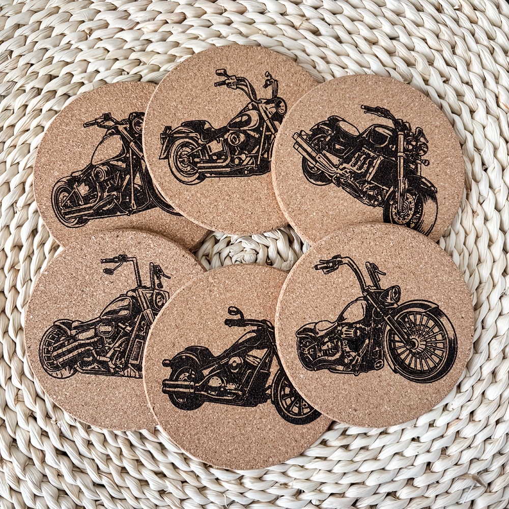 6pcs Cork Coaster, Unique Handmade Engraved Cool Motorcycle Theme Pattern, Rustic Style Desktop Decoration Coaster, For Mugs, Glasses, Coffee Tea Cups Coaster, Motorcycle Enthusiasts New Year Gift