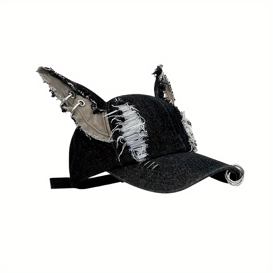 Y2K Cat Ear Denim Baseball Cap Punk Grunge Emo Women Men Distressed Graphic gothic punk rock metal decorated baseball cap y2k dark  main image 3