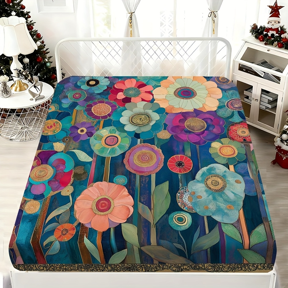1 Stück Bunte Spannbettlaken (Ohne Kissenbezug), Bunte Muster auf Tiefem Hintergrund mit Grünen Blättern, Matratzenschoner, Tiefes *-Design für Sicheren Halt, Nur Spannbettlaken