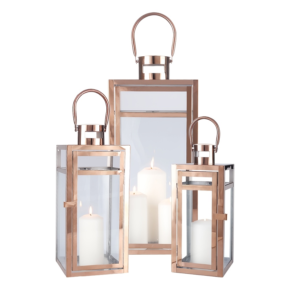 Image of Set Of 3 Empty Stainless Steel Candle Lanterns | Metal Candle Holder With Clear Glass Panels, Perfect For Home Decor, Living Room, Parties, Events, Tabletop, Indoors & Outdoors, Rose Golden