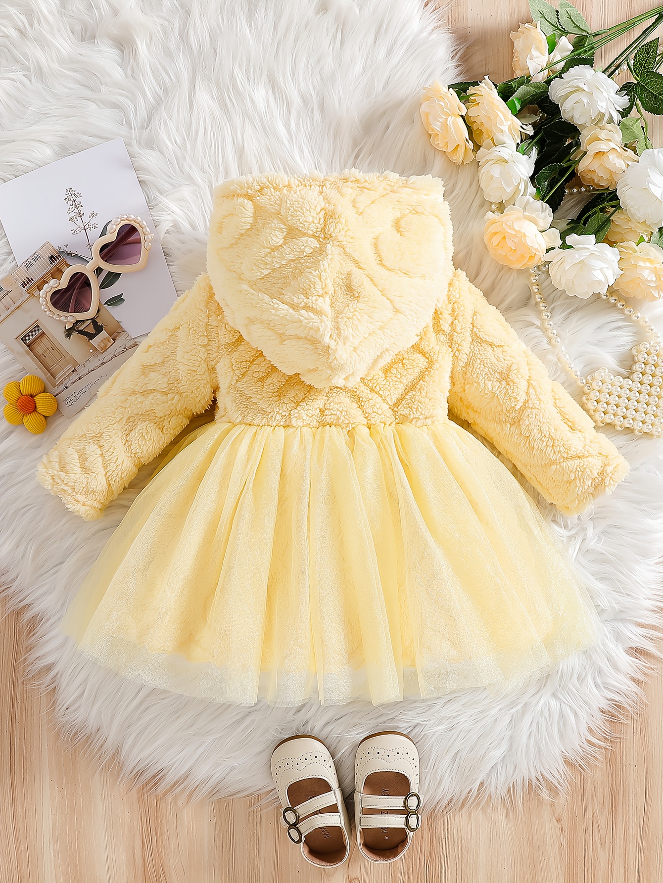 baby girl dress princess autumn cute A Yellow Hooded Dress for Baby Girls in Autumn And Winter, Featuring a  Plush Top * with a Mesh Skirt * with Three-Dimensional Flowers, Embodying a  * Style. This Cute And Exquisite Little Princess