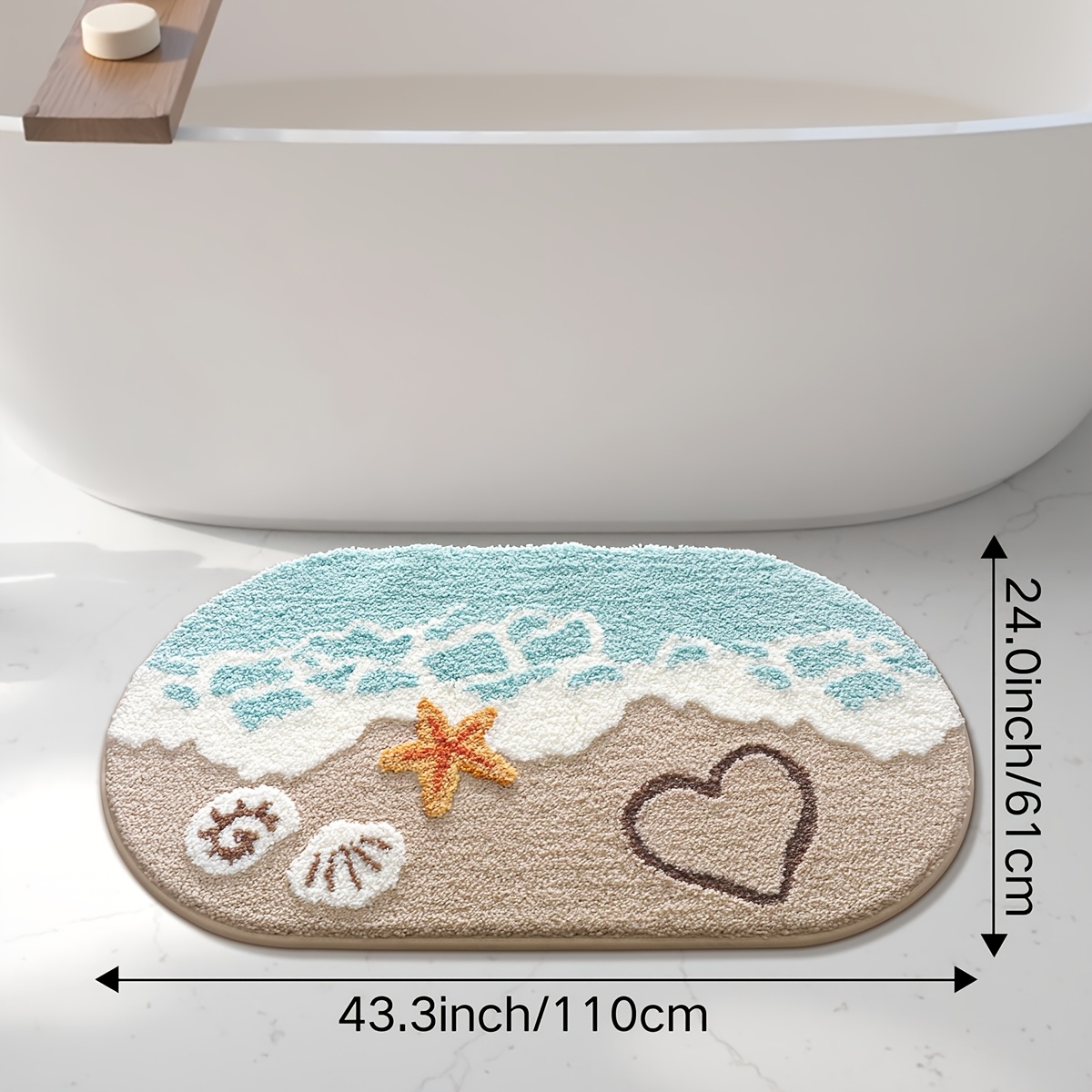 Image of 1pc Fluffy Bathroom Rug Bath Mat, Oval Absorbent Premium Bath Rug, Beach Pattern Non-slip Comfortable Bathroom Mat For Bathroom Floor, Sink, Bathtub, Shower Room, Home Decor Spring Decor Summer Decor