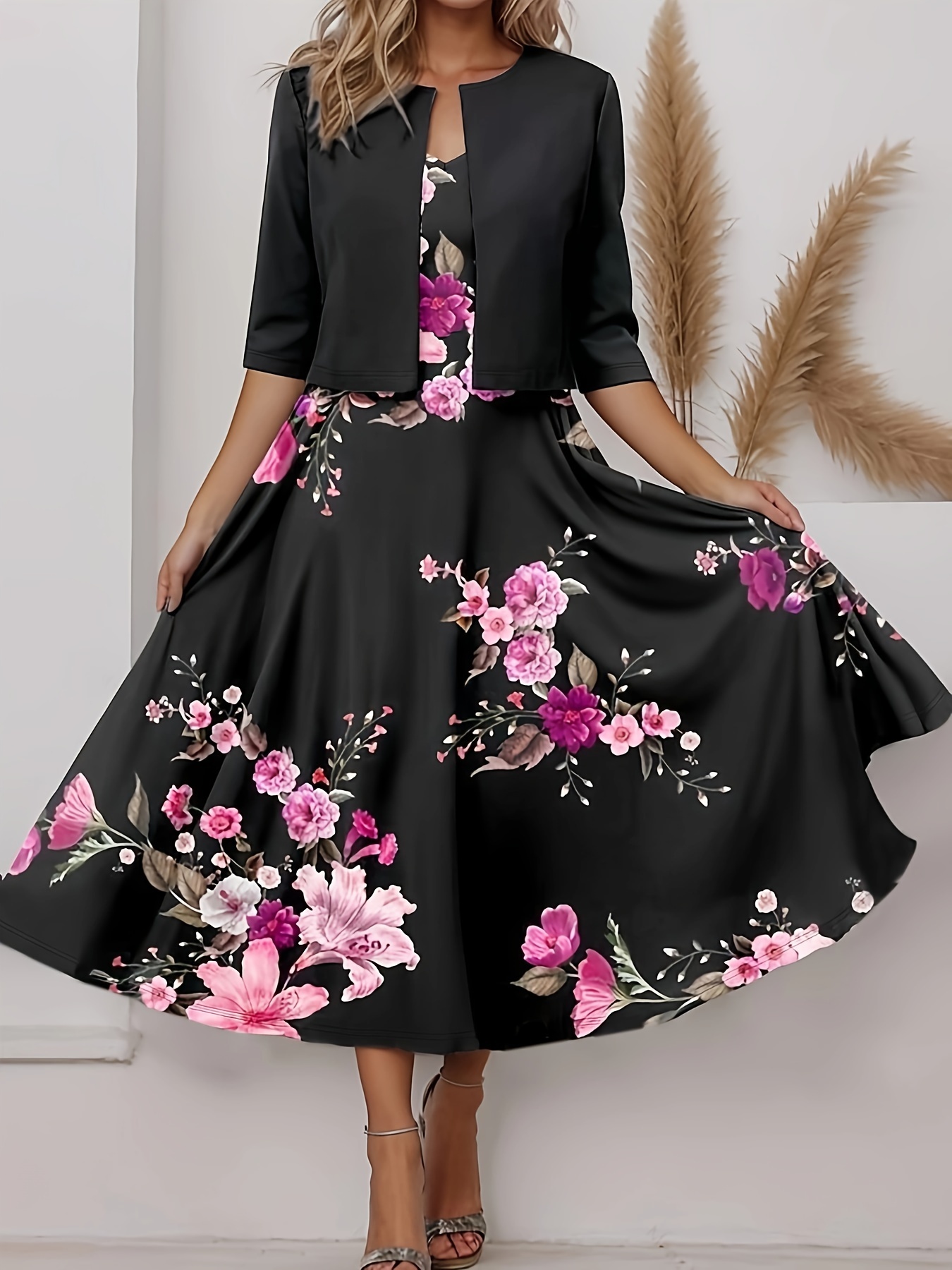 مجموعة فستان طبعة زهور أنيقة، قميص قصير مفتوح من الأمام بأكمام ثلاثة أرباع وفستان بقبة على شكل حرف V، ملابس نسائية