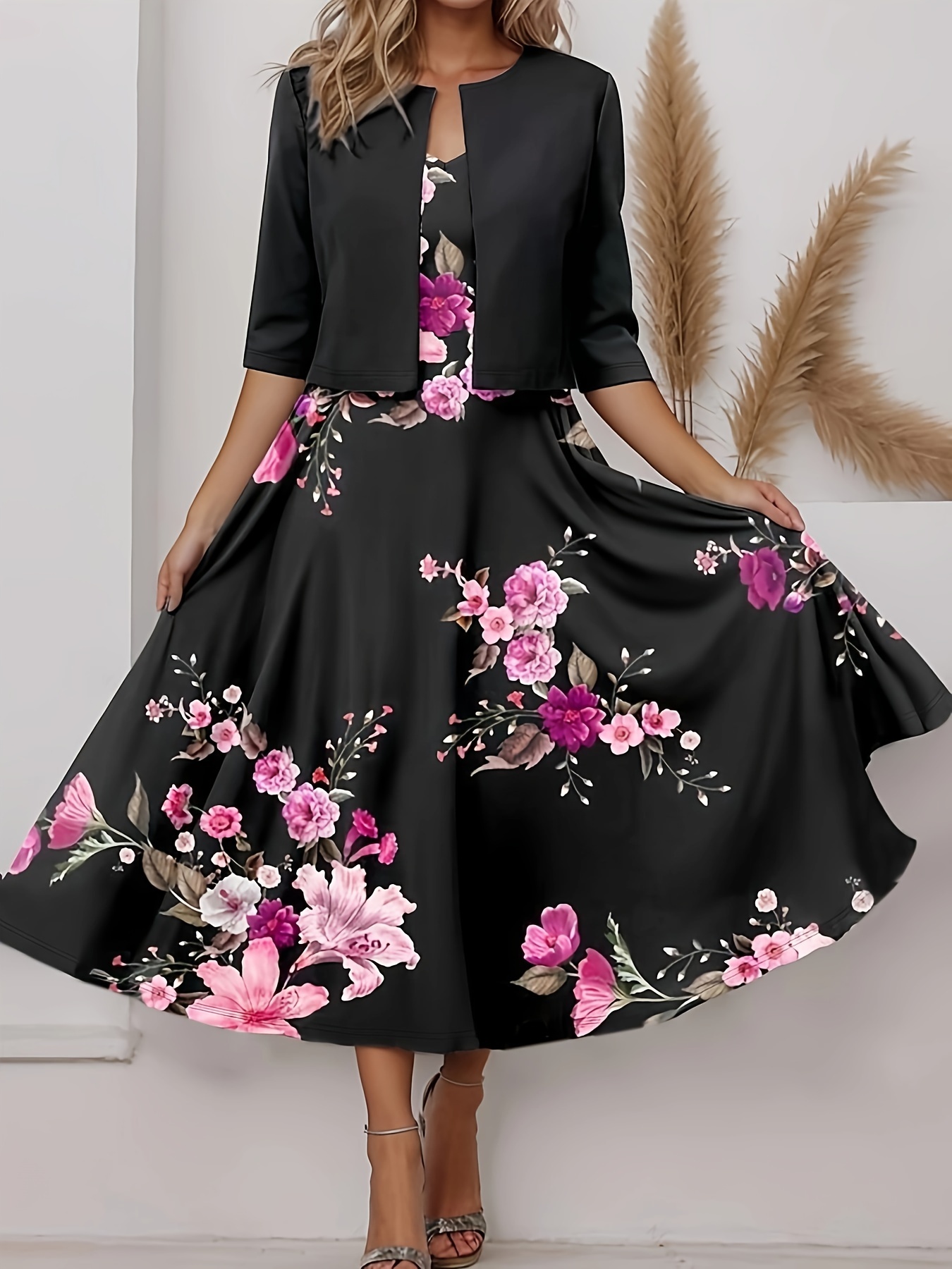 elegant floral print dress set crop open front three quarter sleeve top v neck a line tank dress outfits womens clothing