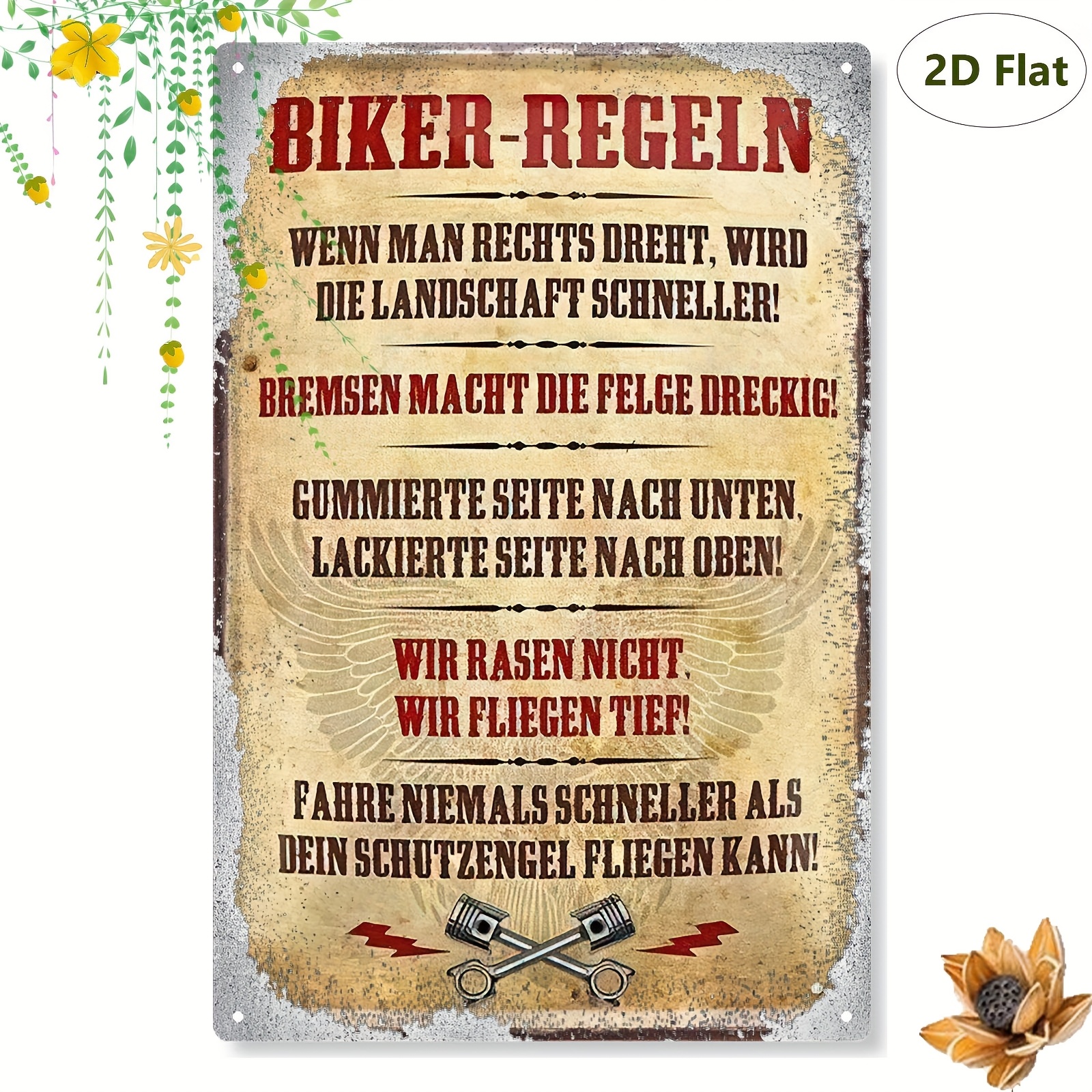 TEMU 2d Flat, 1pc Flat Vintage German Biker Humor Metal Sign - Rustic Iron Wall Art With Rules For & Slang, 20x30cm/8x12in, Indoor/outdoor Decor For