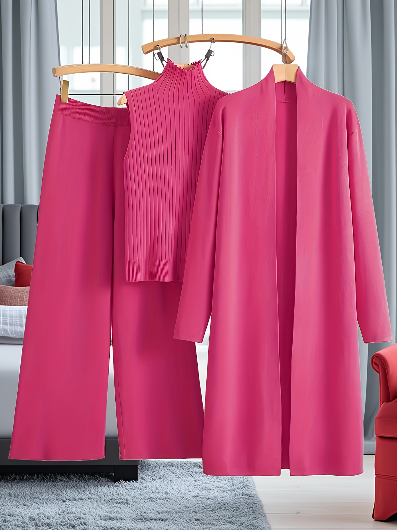 Women's Loose Fashionable Three-Piece Set with Wide-Leg Pants, Cardigan, and Vest