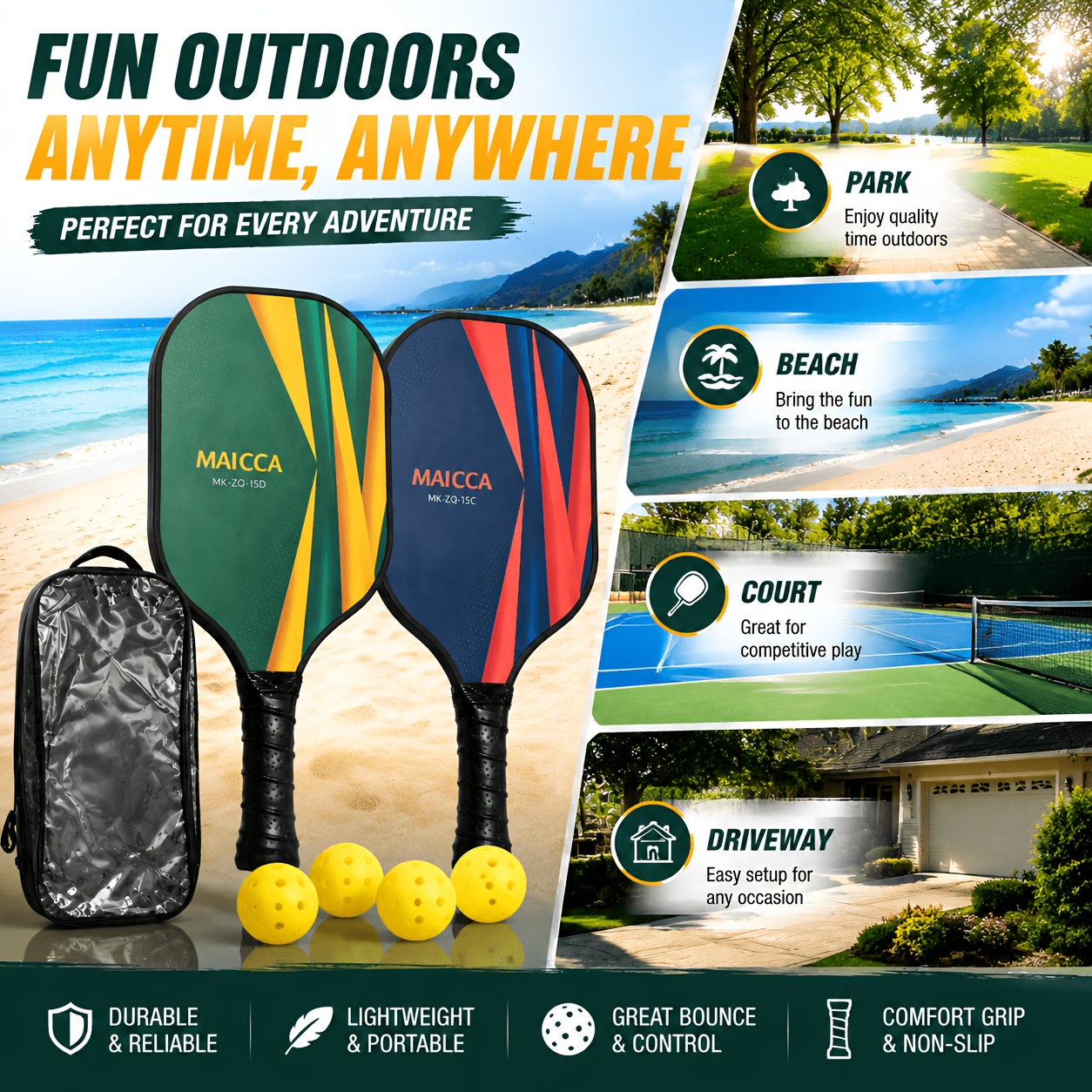 Pickleball Paddle Set, 2 Paddles, 4 Balls & Storage Bag