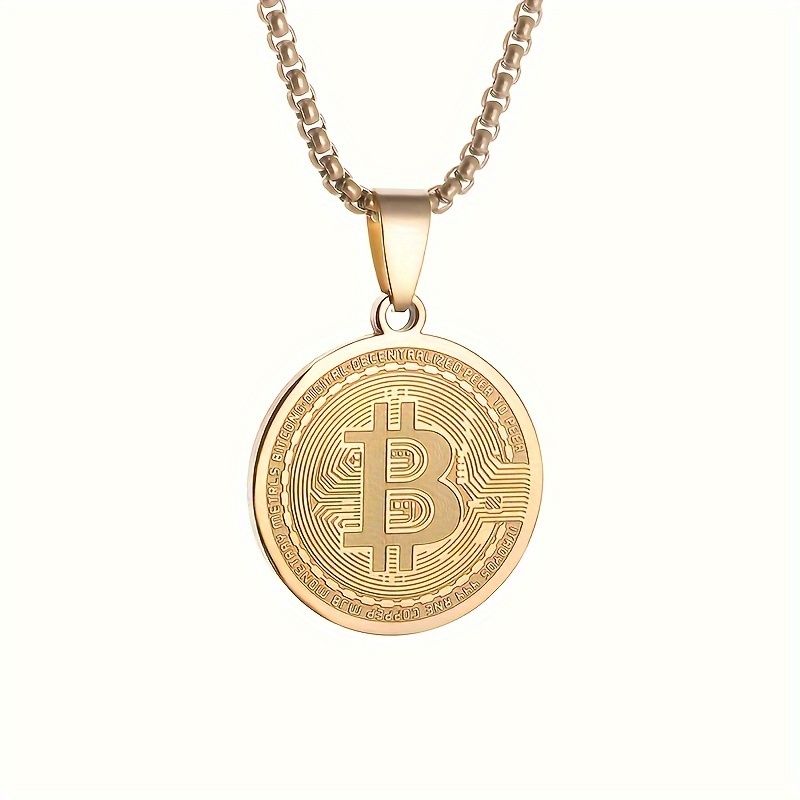 Image of 1pc Stainless Steel Coin Pendant Necklace - Elegant Minimalist Unisex Jewelry For , Durable Casual Attire, Cryptocurrency Gift For Enthusiasts