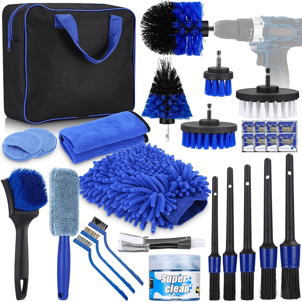 Image of 30pcs Car Detailing Cleaning Brush Kit, Scratch-free All Vehicle Wash Tools Set With Portable Storage Bag For Car Truck Motorcycle Suv