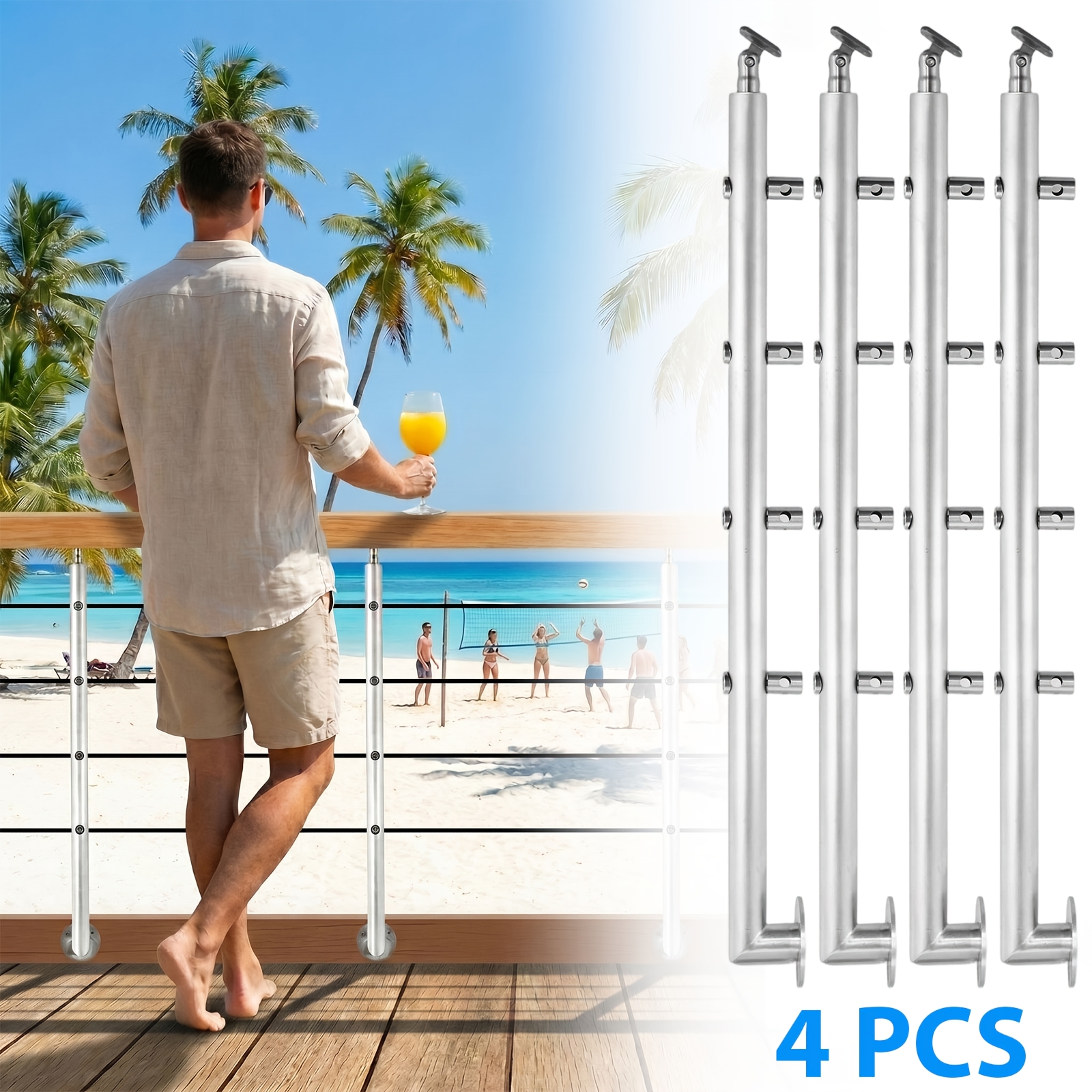 Image of 4pcs 304 Stainless Steel 39.37" X 1.65" Round Tube Railing Post, 4 Crossbars Side Wall-mounted Baluster For Deck Stairs Courtyard Terrace Indoor Outdoor