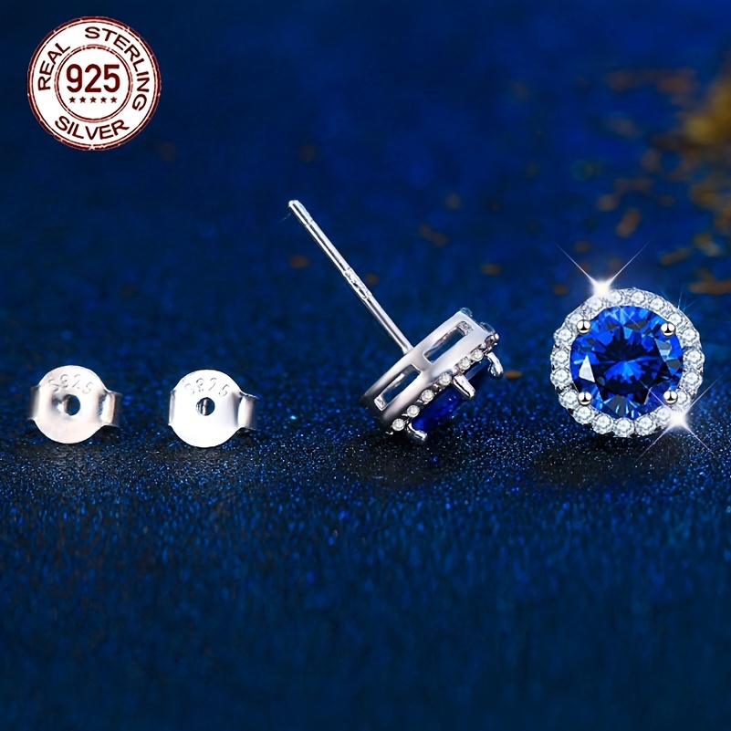 1 pair elegant vintage style royal blue tanzanite stud earrings 925 sterling silver synthetic stone hypoallergenic ideal for wedding gifting valentines day christmas mothers day details 2