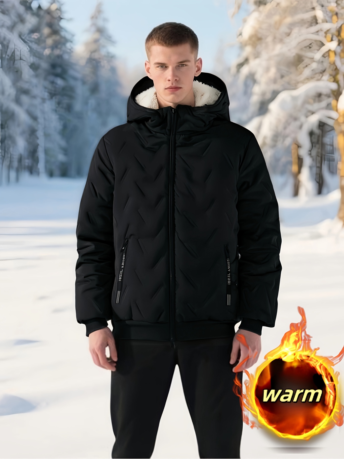 mens hooded fleece jacket thickened windproof comfortable casual   anti cold with lamb velvet lining and lining black 4