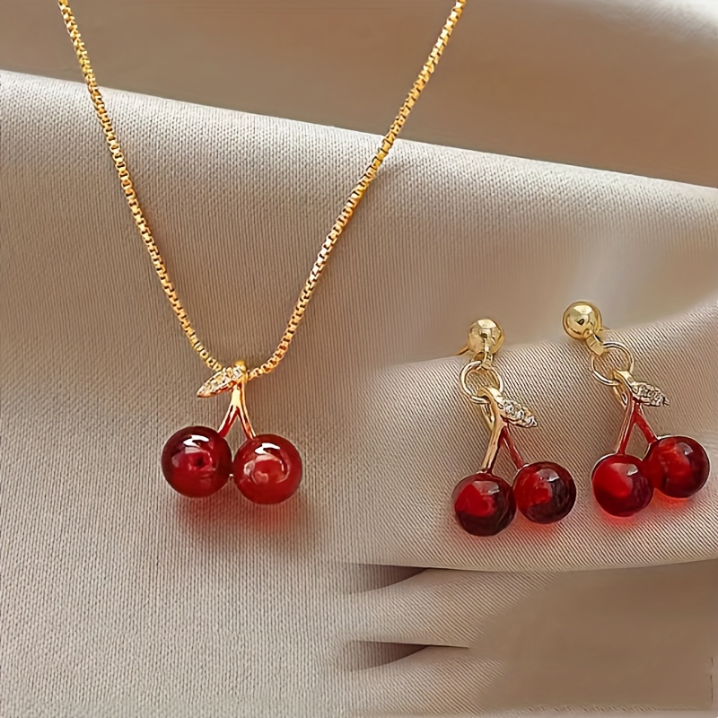 

Elegant 3pcs Cherry Pendant Necklace And Earrings Set, 925 Silvery, Valentine's Gift