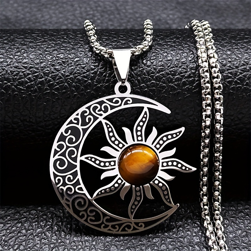 

Bohemian Style Stainless Steel Crescent & Sun Pendant Necklace - Fashion Amulet With Cubic Zirconia, Parties