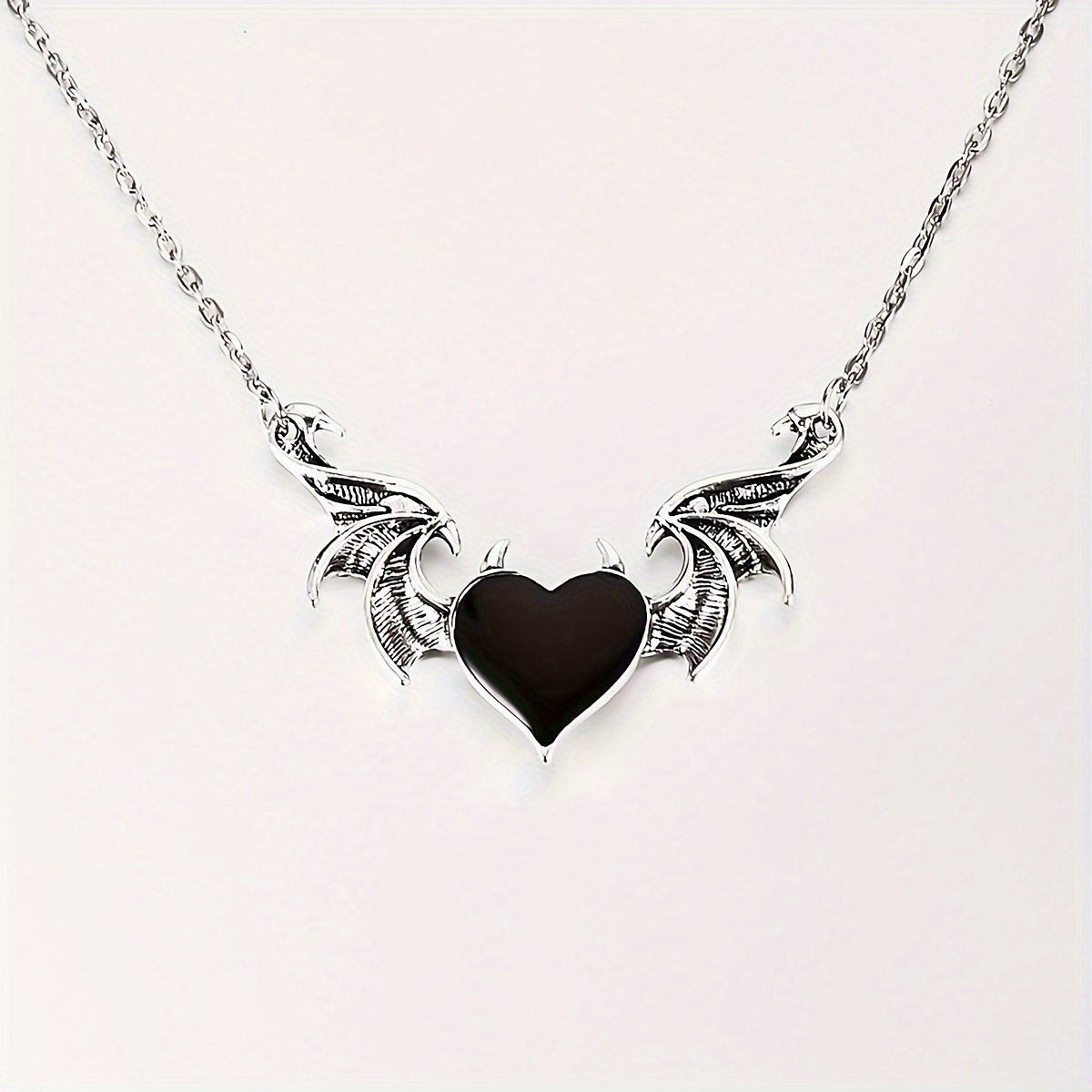 

1pc Funky Antique Silvery Plated Zinc Alloy Demon Heart Pendant Necklace With Synthetic Gemstone Wings, Unisex Jewelry