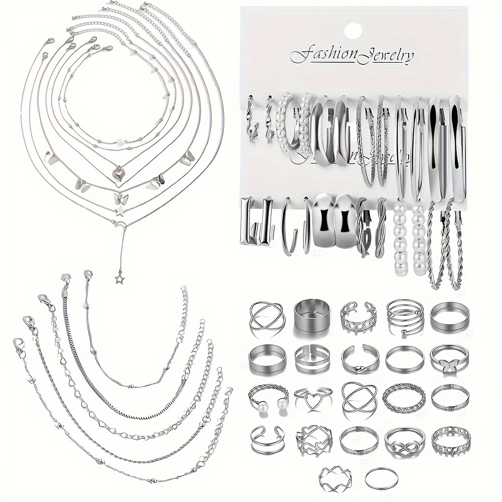 

A Set Of 57 Elegant And Casual Silvery Pearl Rings, Bracelets, And Earrings For Girls To Wear On A Daily During .